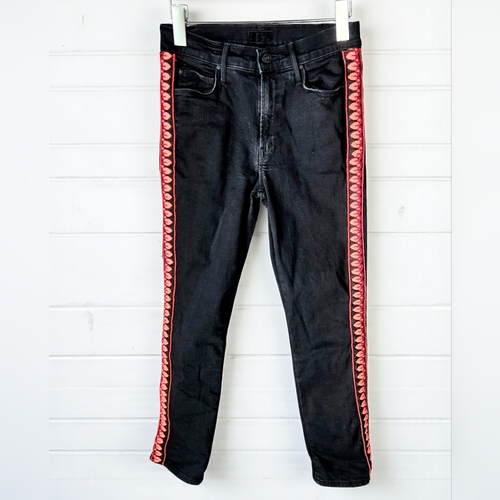 Mother Dazzler Up In Flames Ankle Jeans Womens 26x27 Black Pink Embroidered Mid